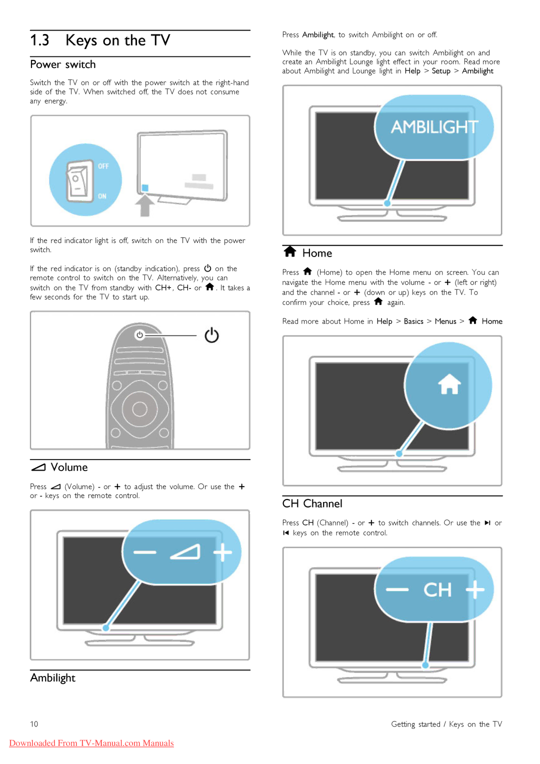 Philips 46PFL9706 manual Keys on the TV 