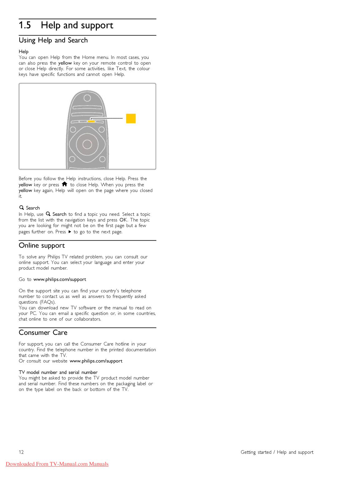 Philips 46PFL9706 manual Help and support, Using Help and Search, Online support, Consumer Care 