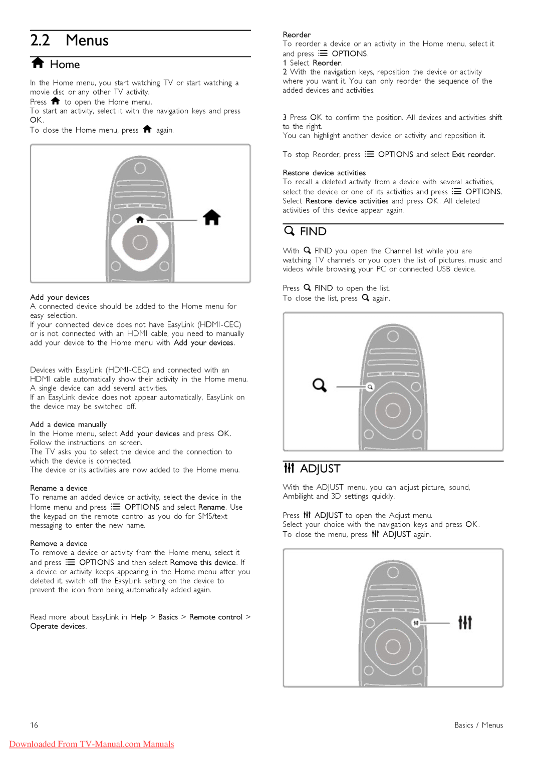 Philips 46PFL9706 manual Menus, Adjust 