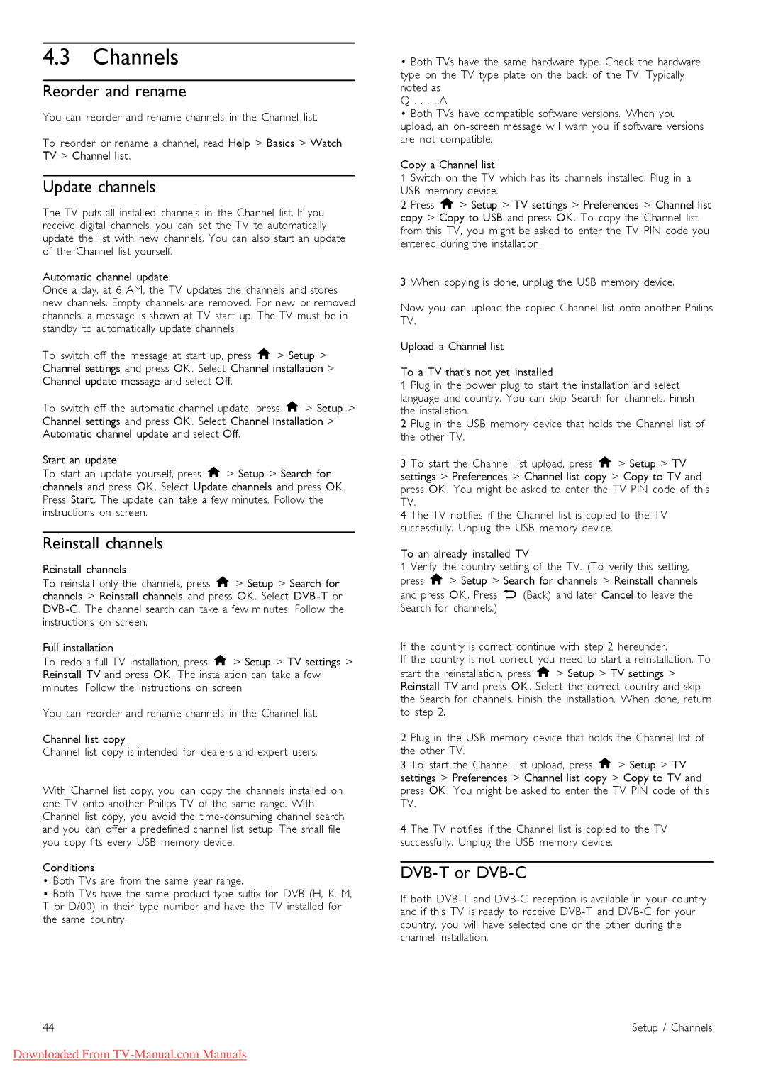 Philips 46PFL9706 manual Channels, Reorder and rename, Update channels, Reinstall channels, DVB-T or DVB-C 