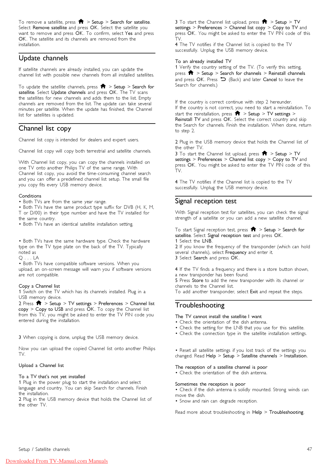 Philips 46PFL9706 manual Channel list copy, Signal reception test, Troubleshooting 