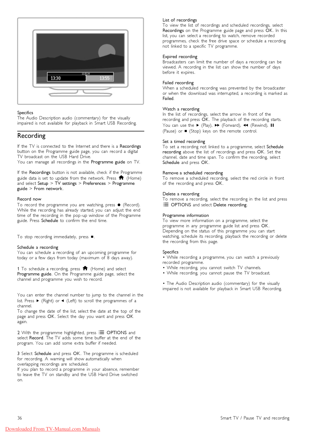 Philips 46PFL9706 manual Recording, Downloaded From TV-Manual.com Manuals 