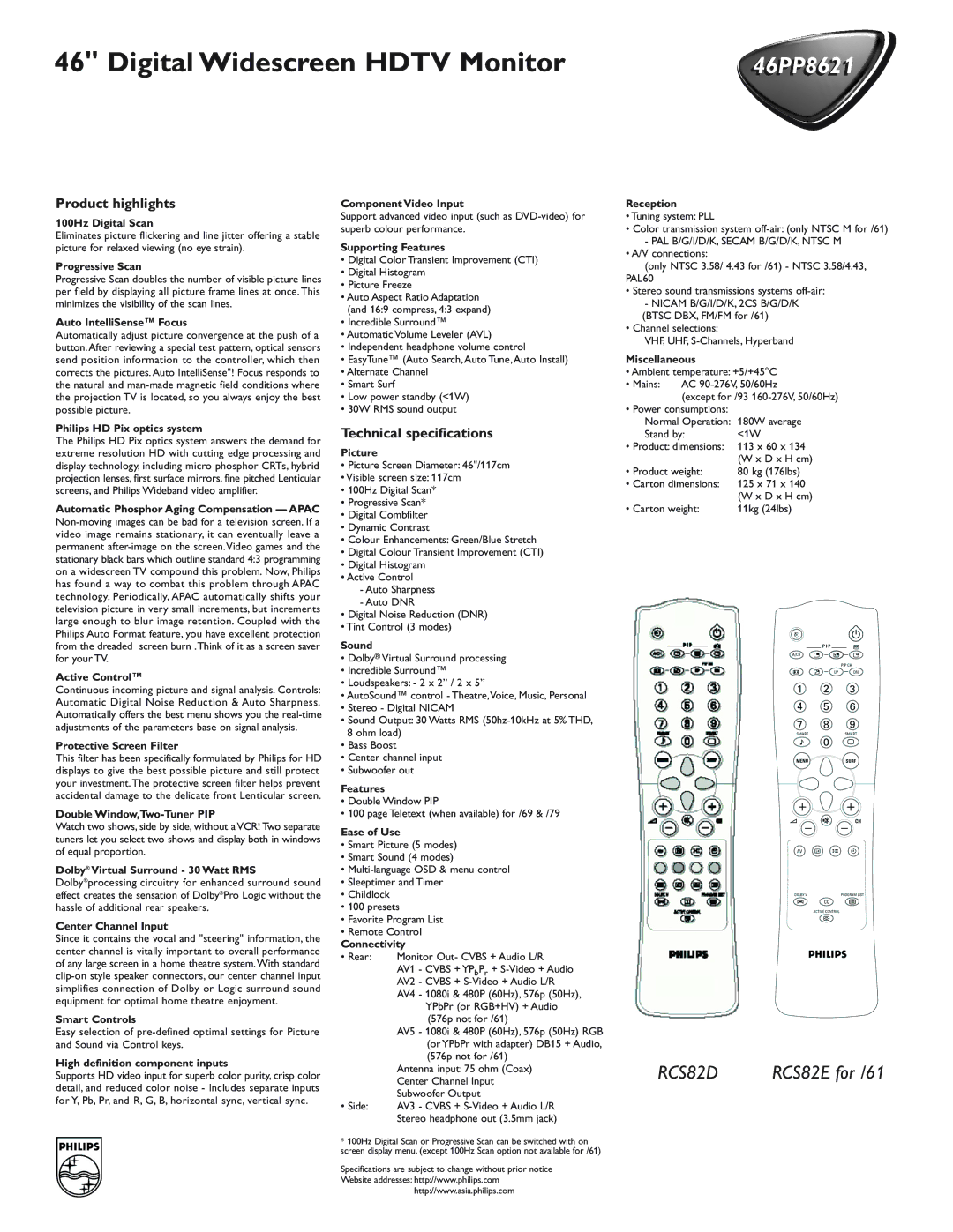 Philips 46PP8621 100Hz Digital Scan, Progressive Scan, Auto IntelliSense Focus, Philips HD Pix optics system, Picture 