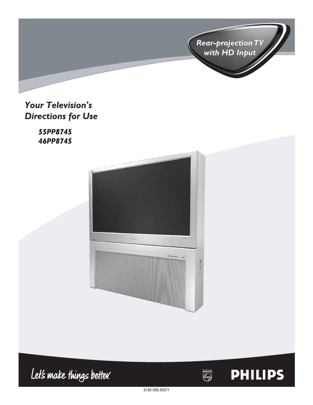 Philips 55PP8745, 46PP8745 manual Rear-projection TV With HD Input 