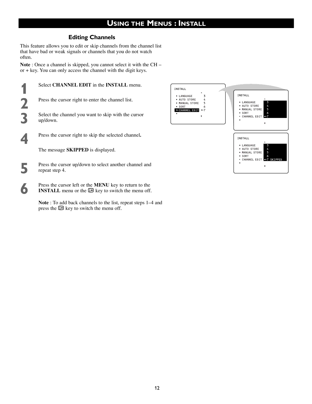 Philips 46PP8745, 55PP8745 manual Editing Channels, Select Channel Edit in the Install menu 