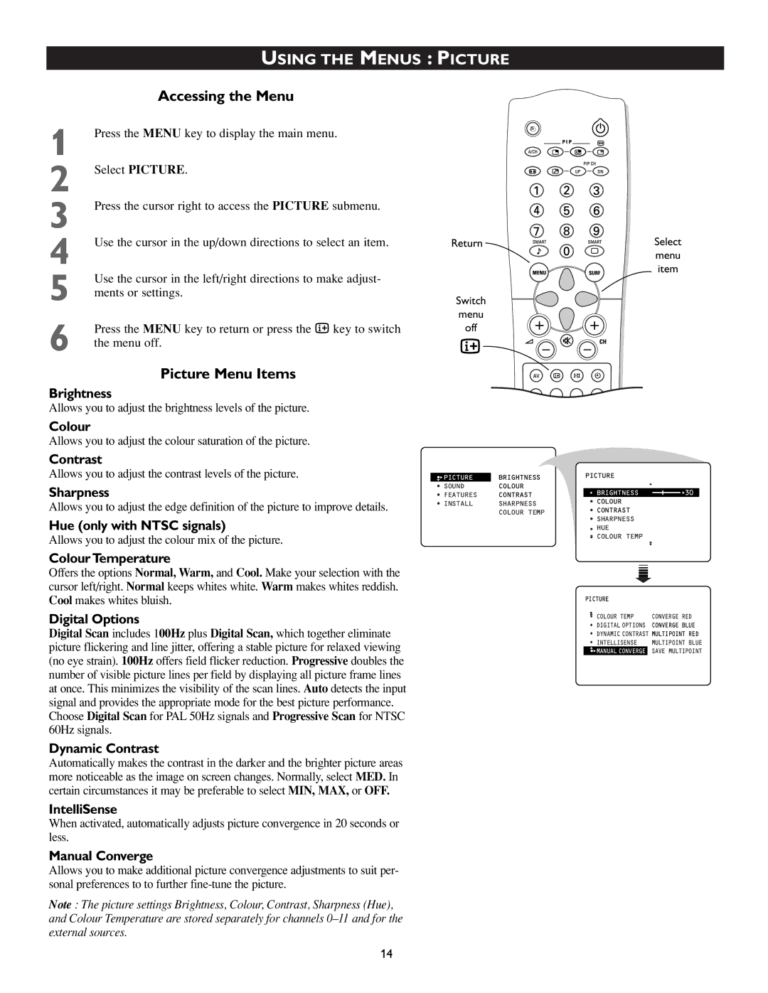 Philips 46PP8745, 55PP8745 manual Using the Menus Picture, Accessing the Menu, Picture Menu Items 