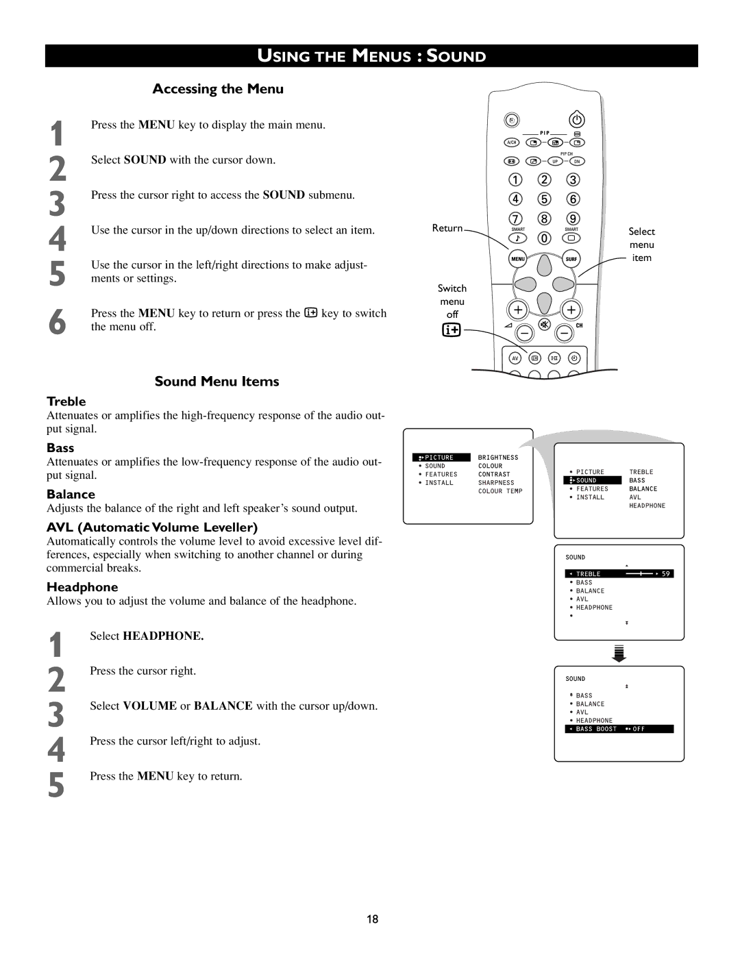 Philips 46PP8745, 55PP8745 manual Using the Menus Sound, Sound Menu Items 