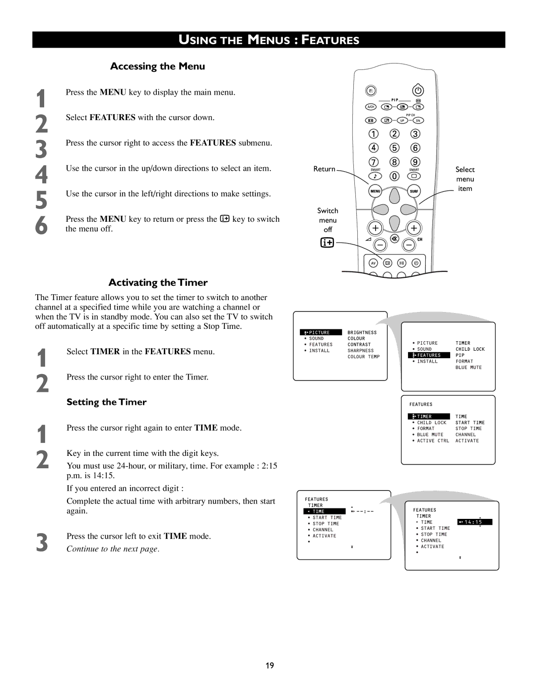 Philips 55PP8745, 46PP8745 manual Using the Menus Features, Activating the Timer, Setting the Timer 