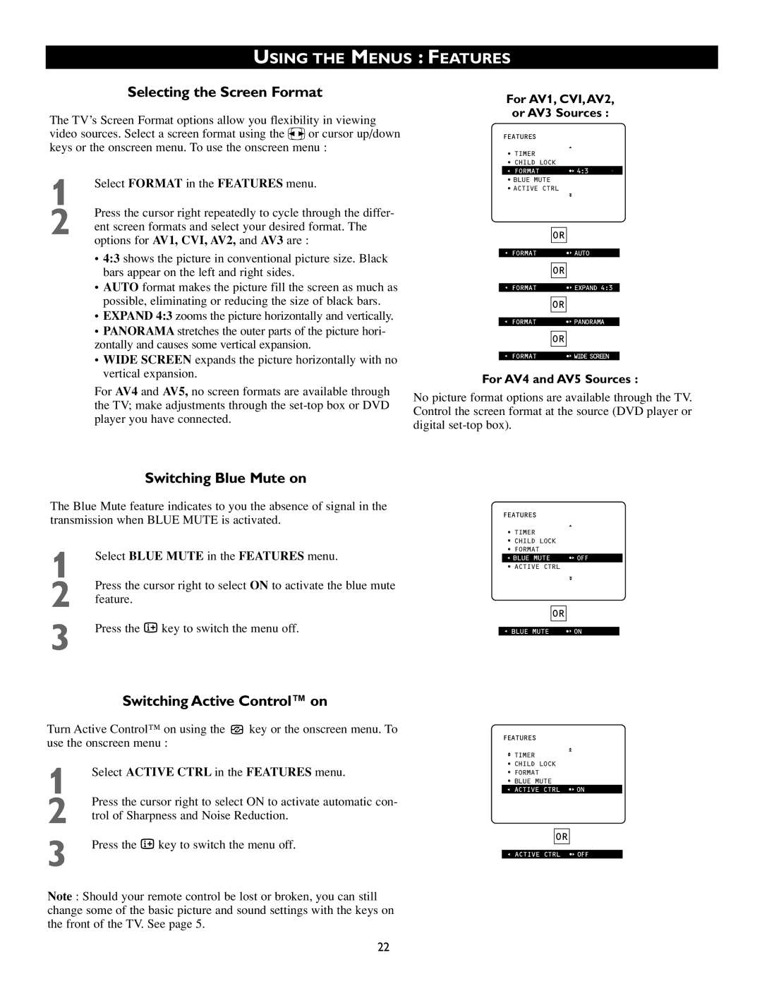 Philips 46PP8745 Selecting the Screen Format, Switching Blue Mute on, Switching Active Control on, For AV4 and AV5 Sources 