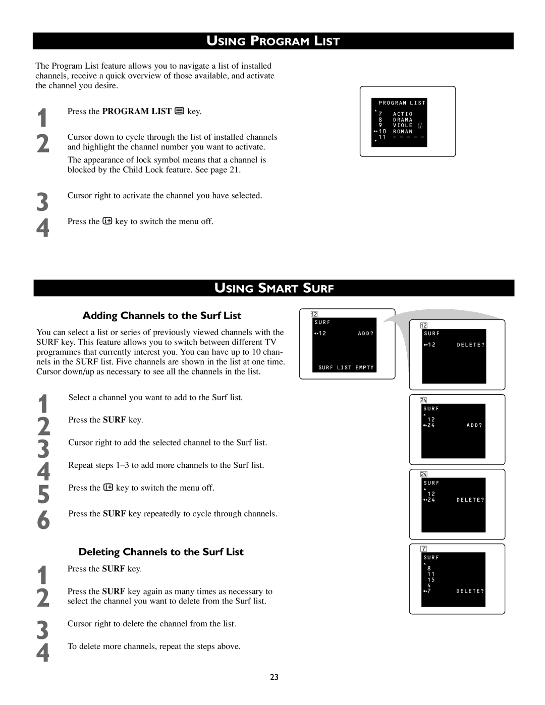 Philips 55PP8745, 46PP8745 manual Using Program List, Using Smart Surf, Adding Channels to the Surf List 