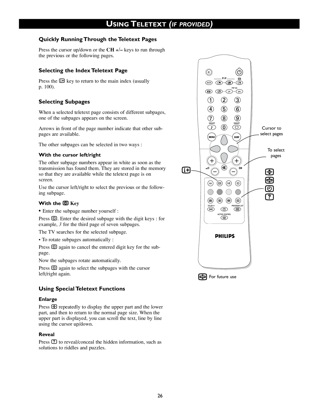 Philips 46PP8745, 55PP8745 Quickly Running Through the Teletext Pages, Selecting the Index Teletext, Selecting Subpages 