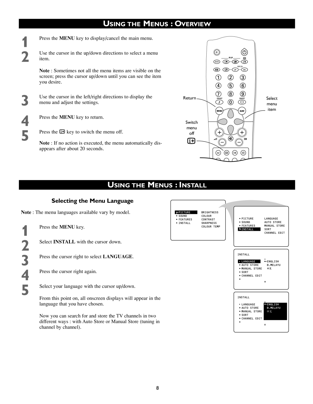 Philips 46PP8745, 55PP8745 manual Using the Menus Overview, Using the Menus Install, Selecting the Menu Language 