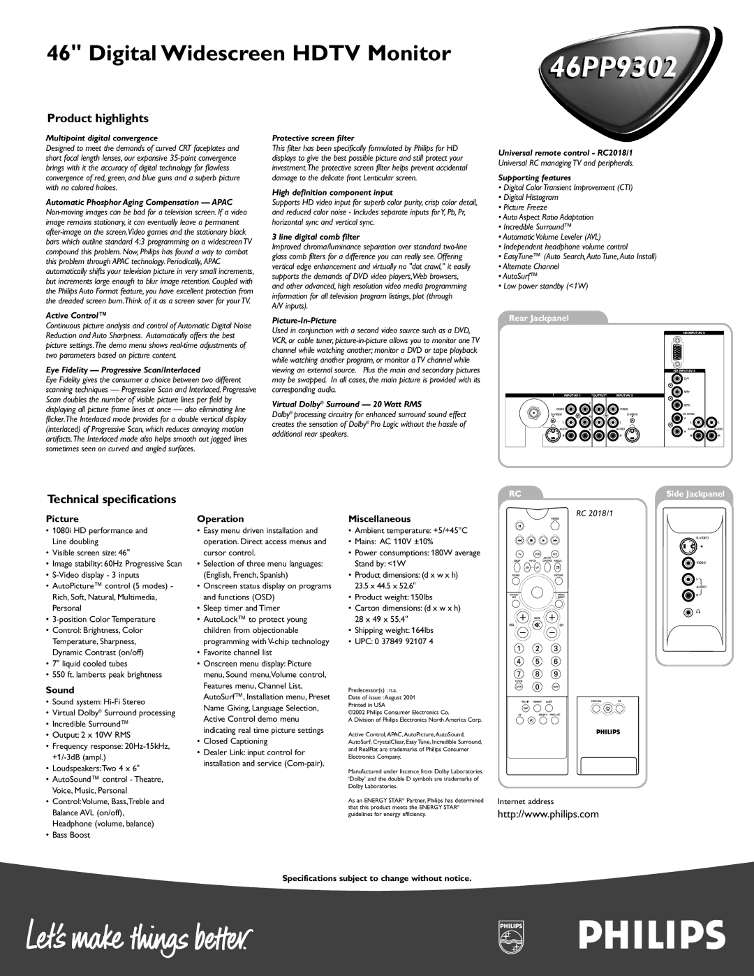 Philips 46PP9302 manual Product highlights, Technical specifications 