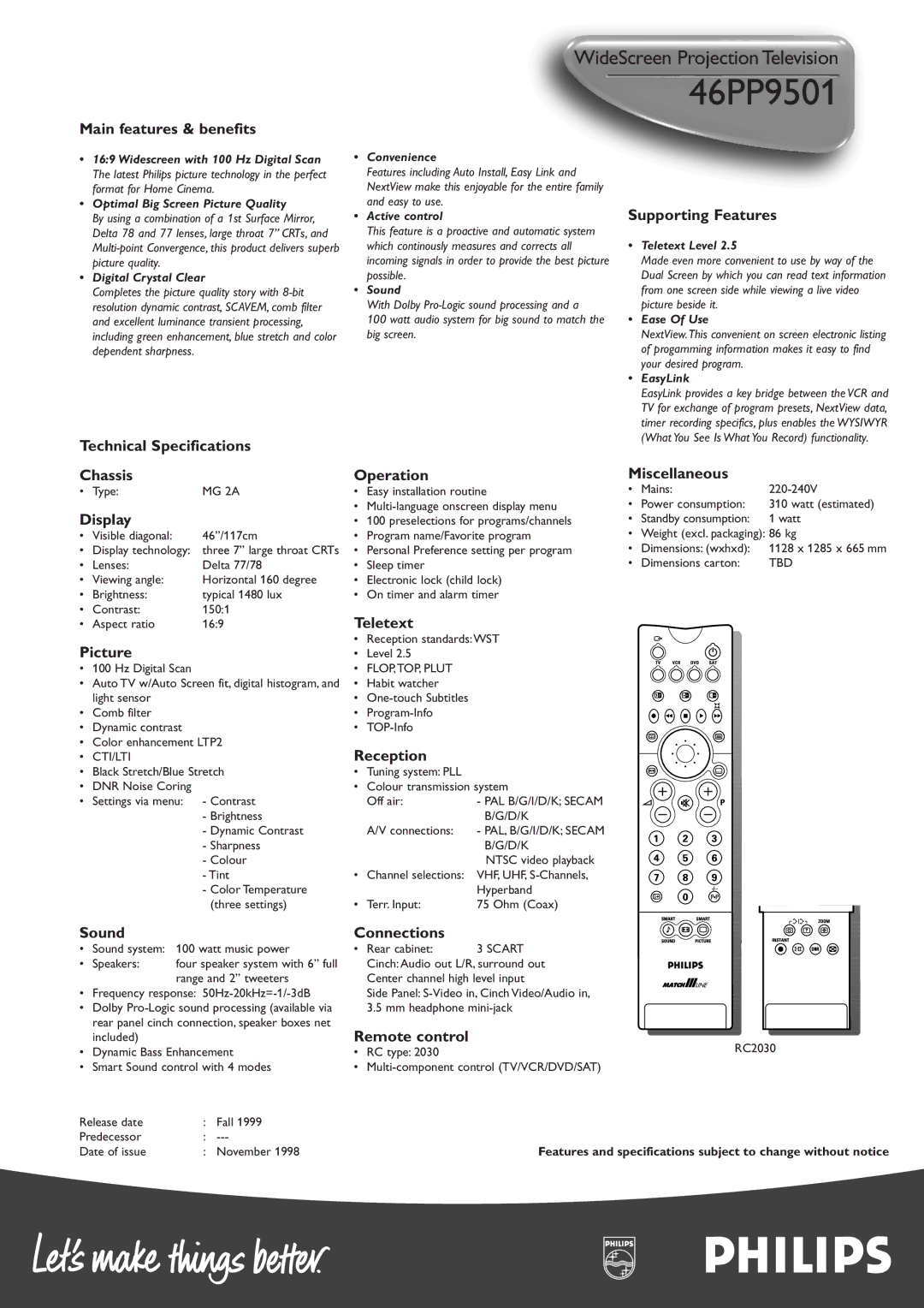 Philips 46PP9501 manual Main features & benefits, Technical Specifications, Supporting Features, Chassis Operation, Display 