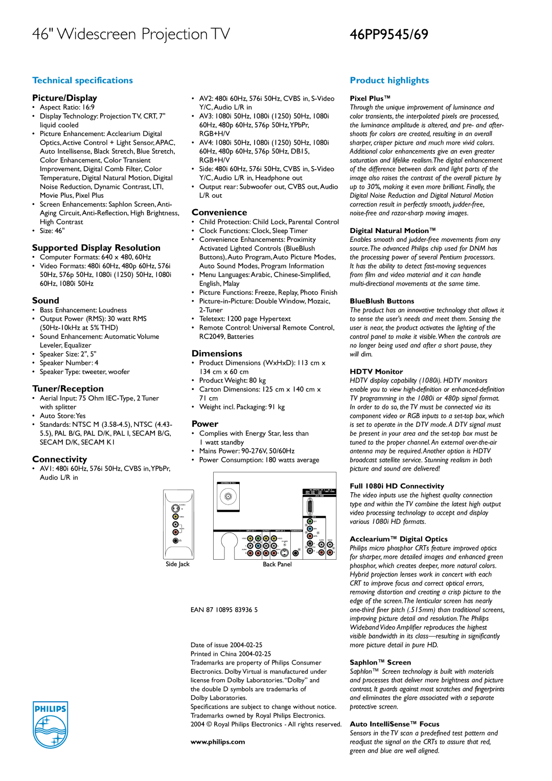 Philips 46PP9545/69 manual Picture/Display, Supported Display Resolution, Sound, Tuner/Reception, Connectivity, Convenience 