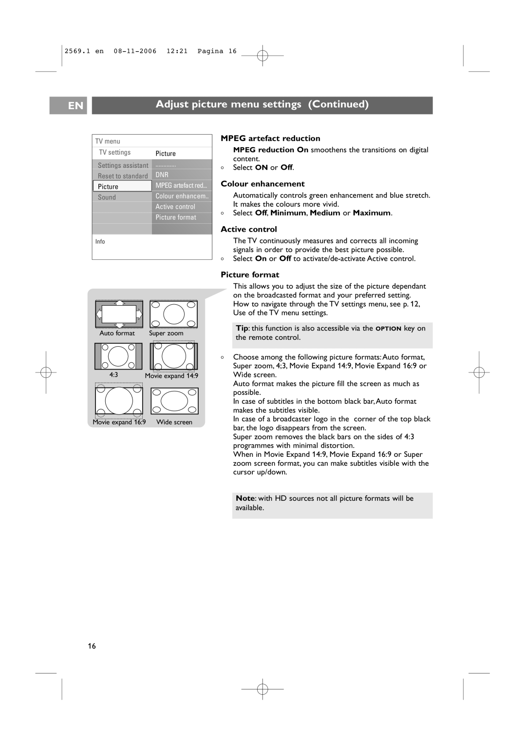 Philips 47PF9541/93 user manual Mpeg artefact reduction, Colour enhancement, Active control, Picture format 