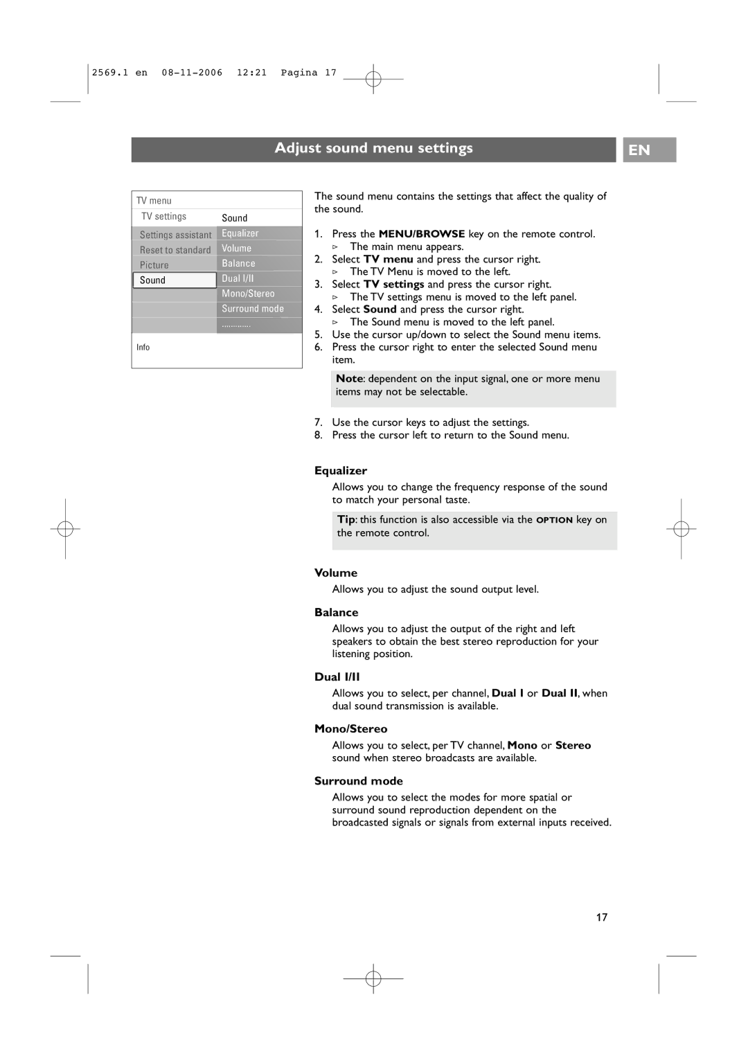 Philips 47PF9541/93 user manual Adjust sound menu settings 