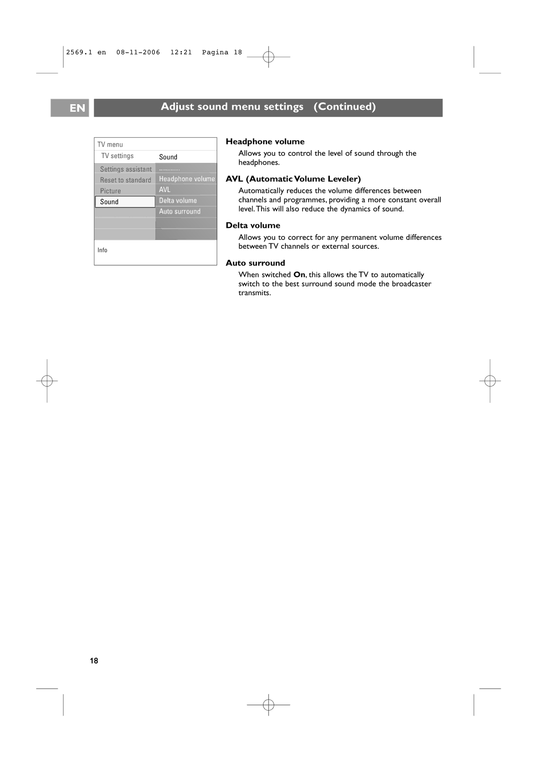 Philips 47PF9541/93 user manual Headphone volume, AVL Automatic Volume Leveler, Delta volume, Auto surround 