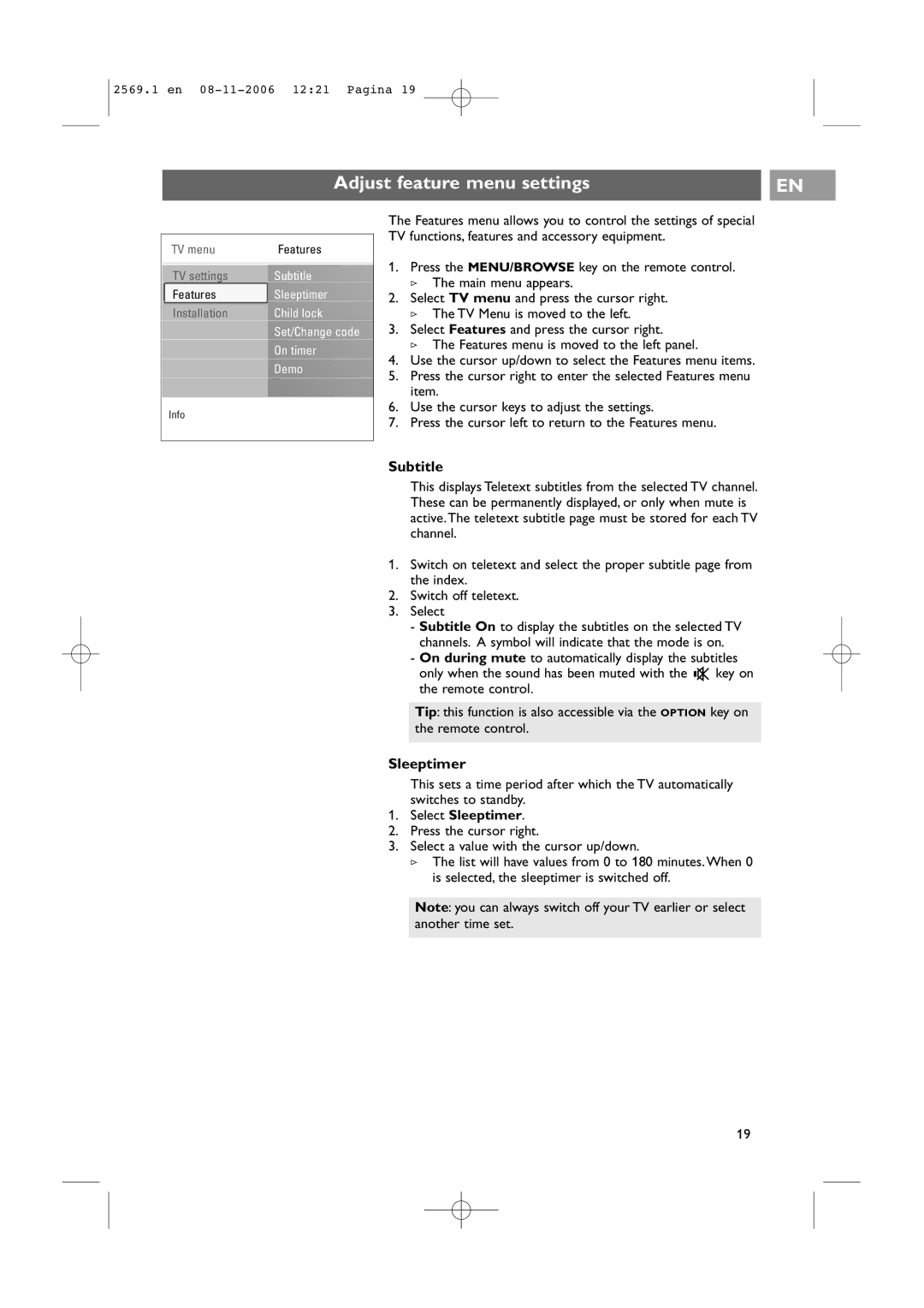 Philips 47PF9541/93 user manual Adjust feature menu settings, Subtitle, Select Sleeptimer 