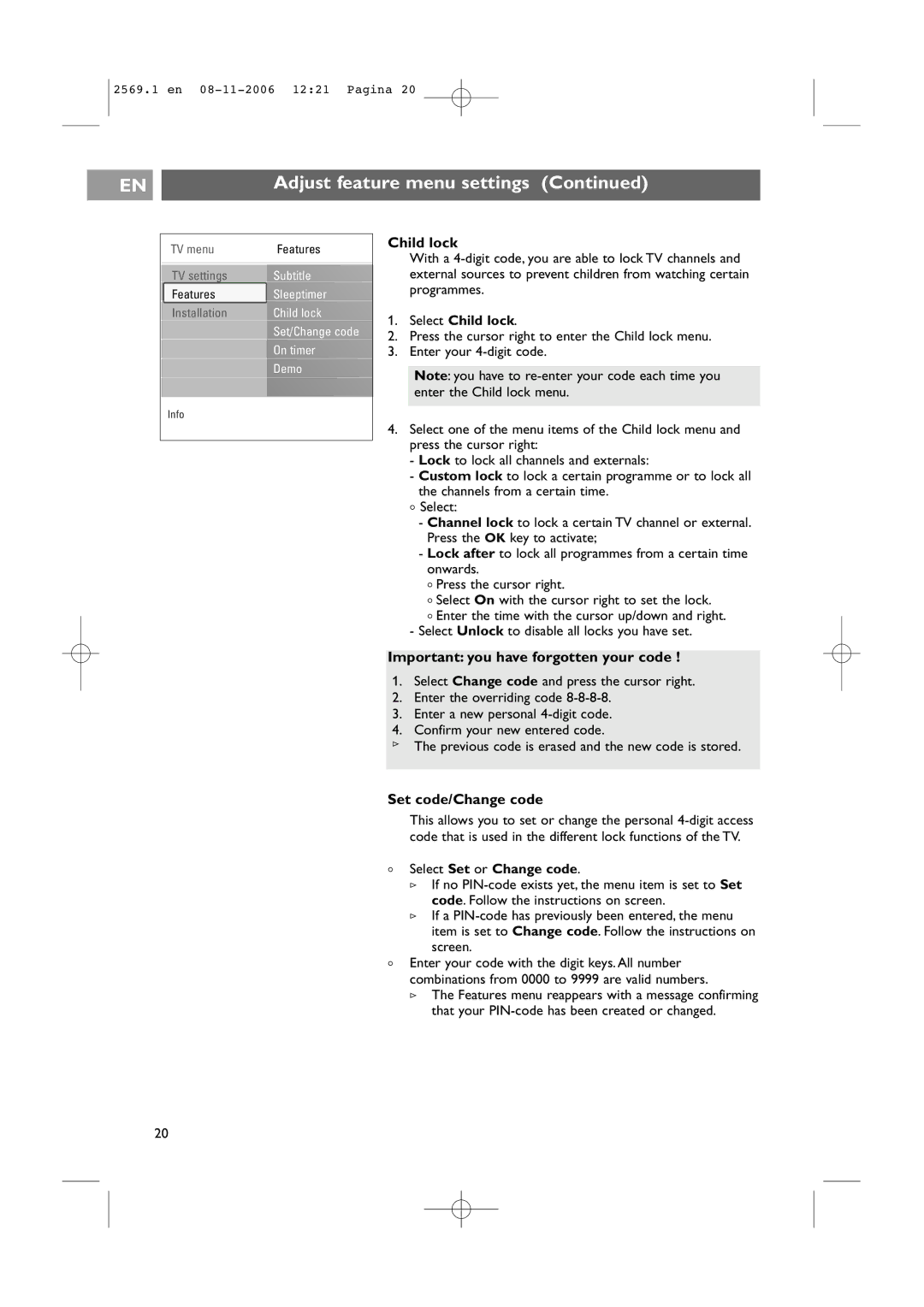 Philips 47PF9541/93 user manual Important you have forgotten your code, Set code/Change code, Select Child lock 