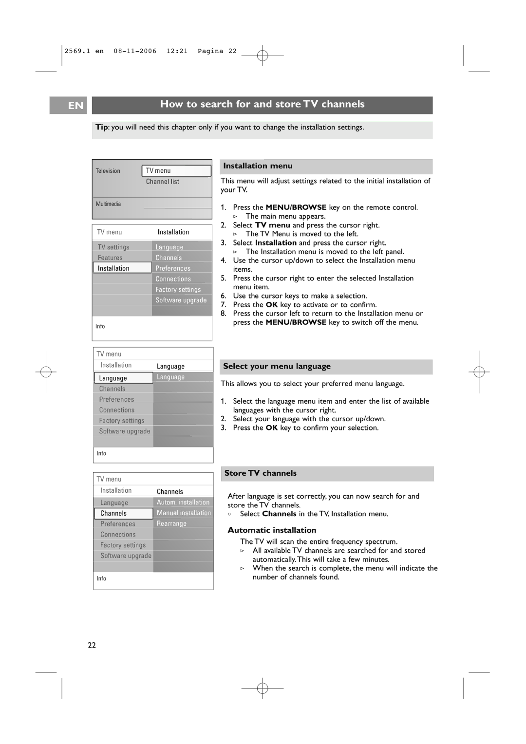 Philips 47PF9541/93 user manual How to search for and store TV channels, Installation menu, Select your menu language 