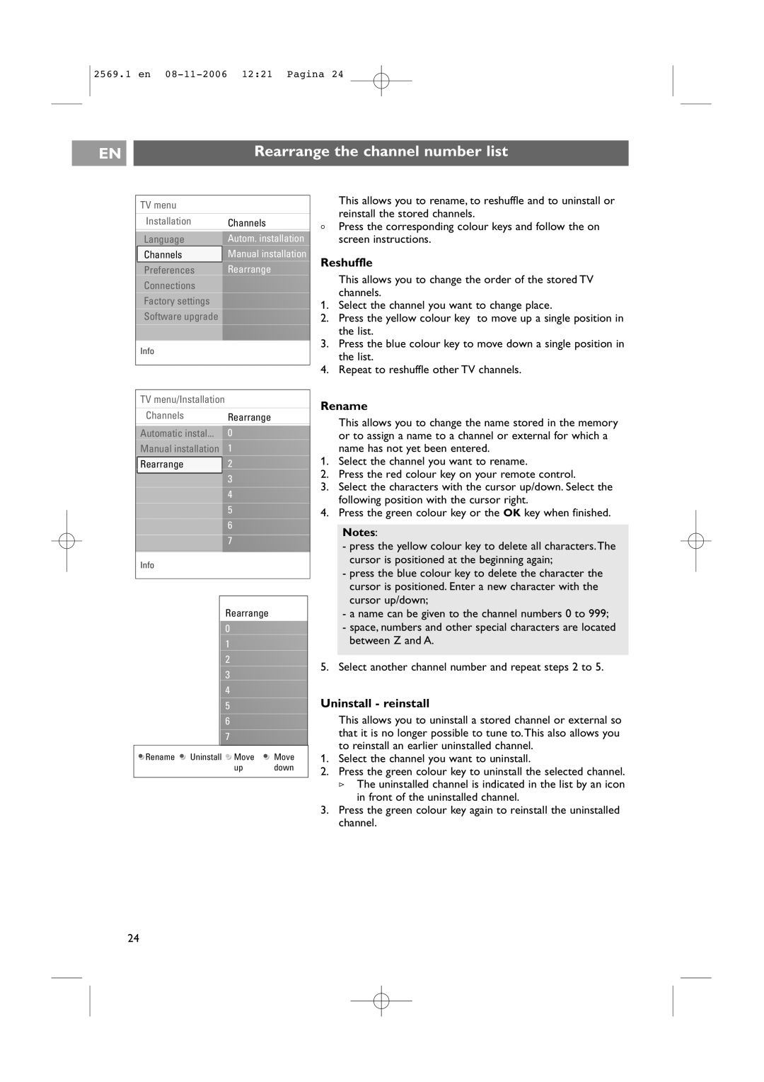 Philips 47PF9541/93 user manual Rearrange the channel number list, Reshuffle, Rename, Uninstall reinstall 