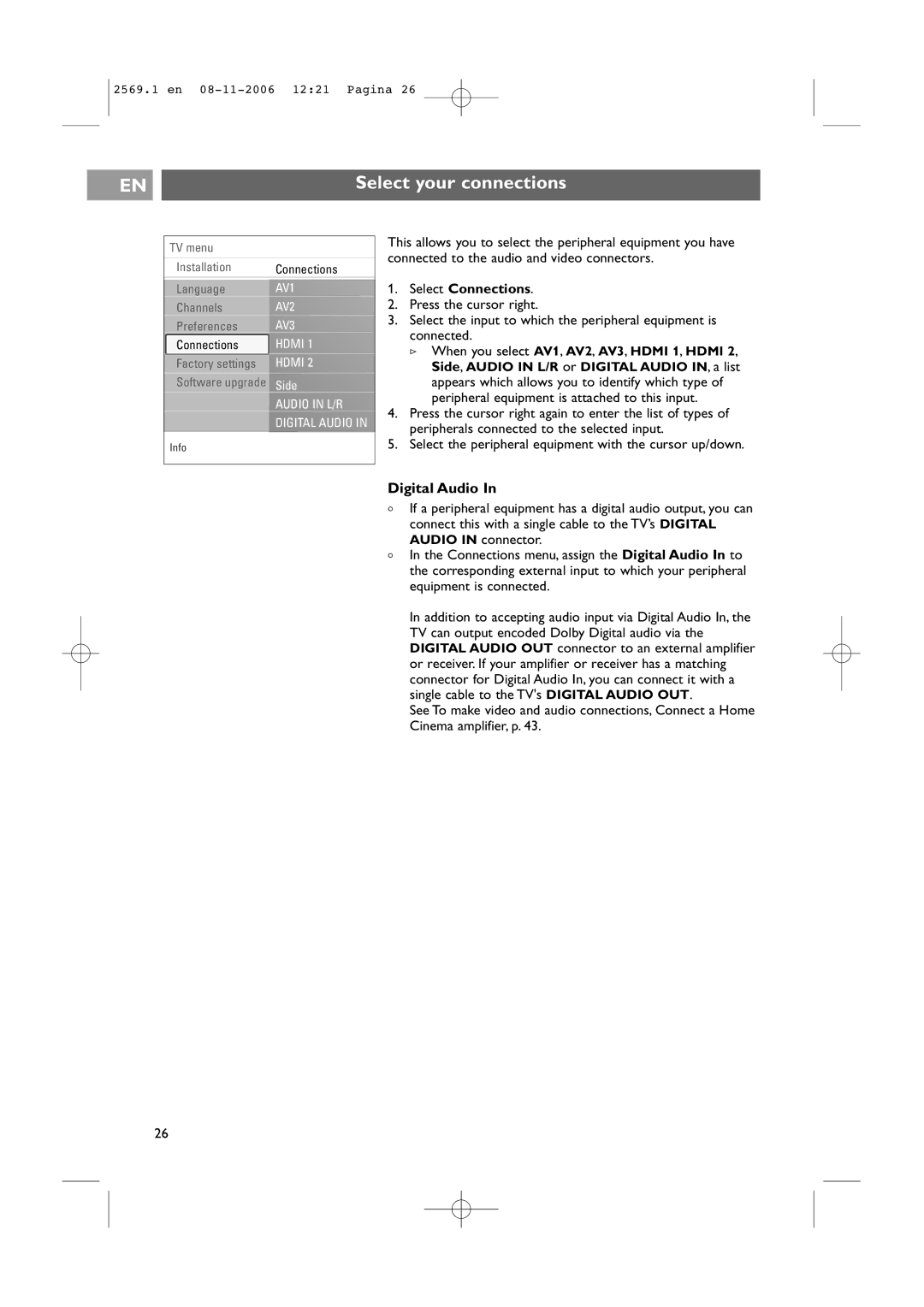 Philips 47PF9541/93 user manual Select your connections, Digital Audio, Select Connections 