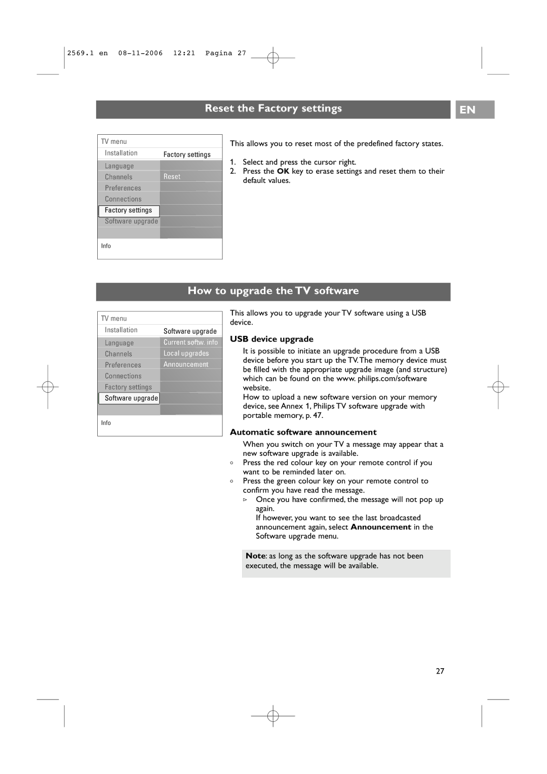 Philips 47PF9541/93 user manual Reset the Factory settings, How to upgrade the TV software, USB device upgrade 