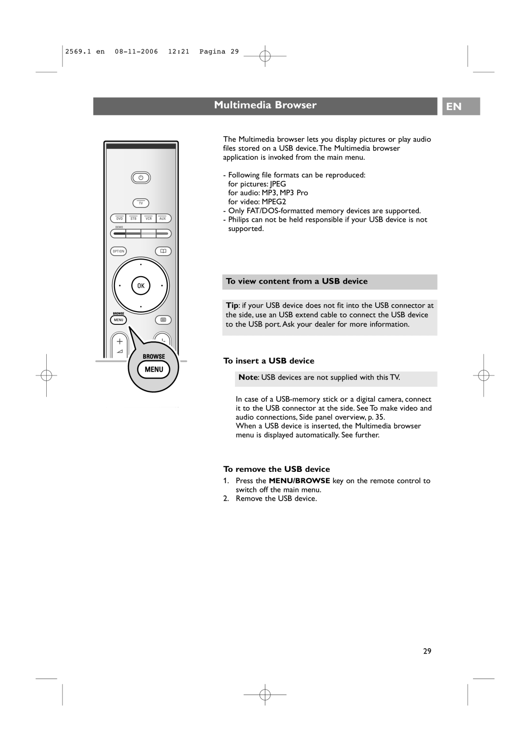 Philips 47PF9541/93 user manual Multimedia Browser, To view content from a USB device, To insert a USB device 