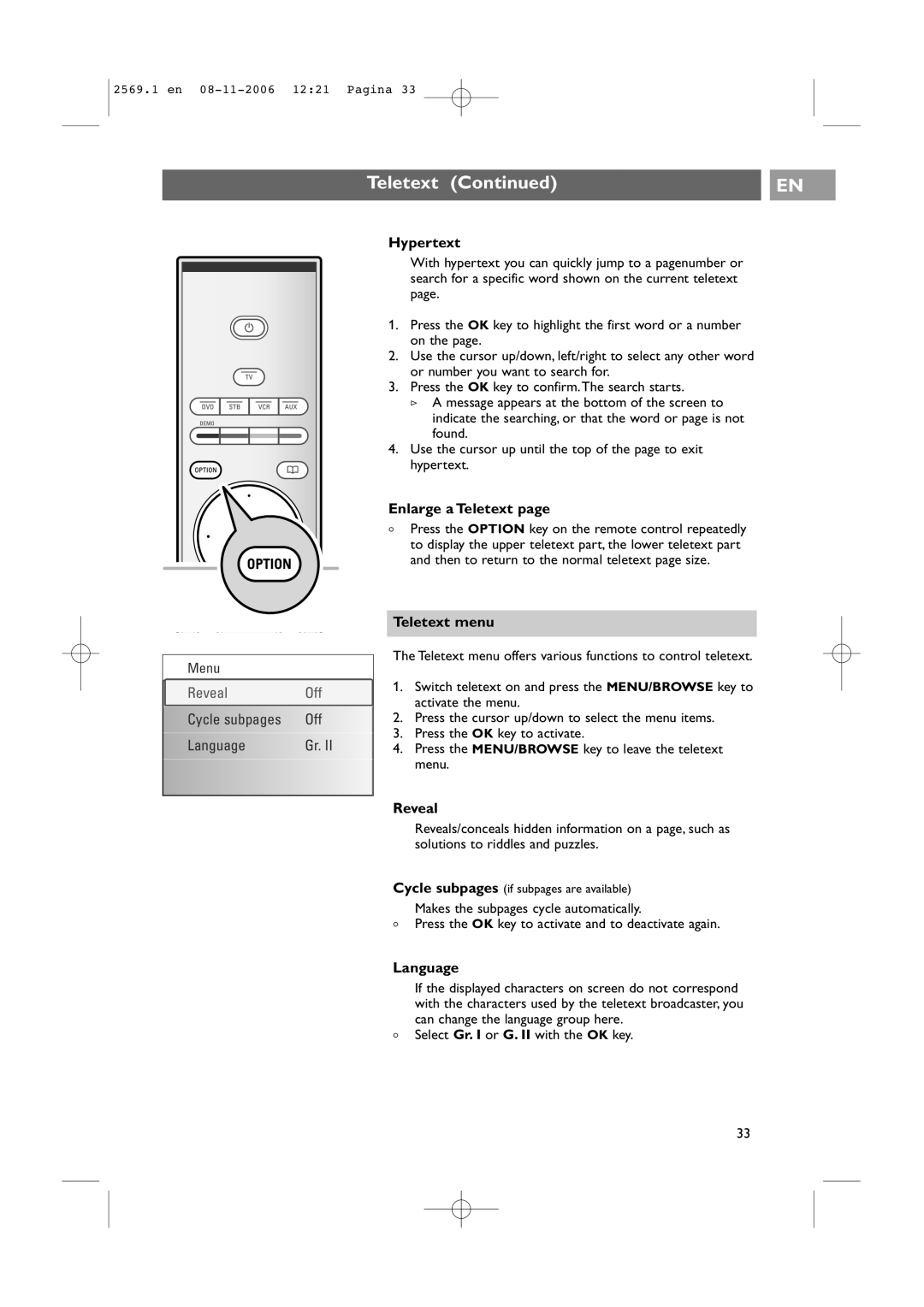 Philips 47PF9541/93 user manual Hypertext, Enlarge a Teletext, Teletext menu, Reveal, Language 