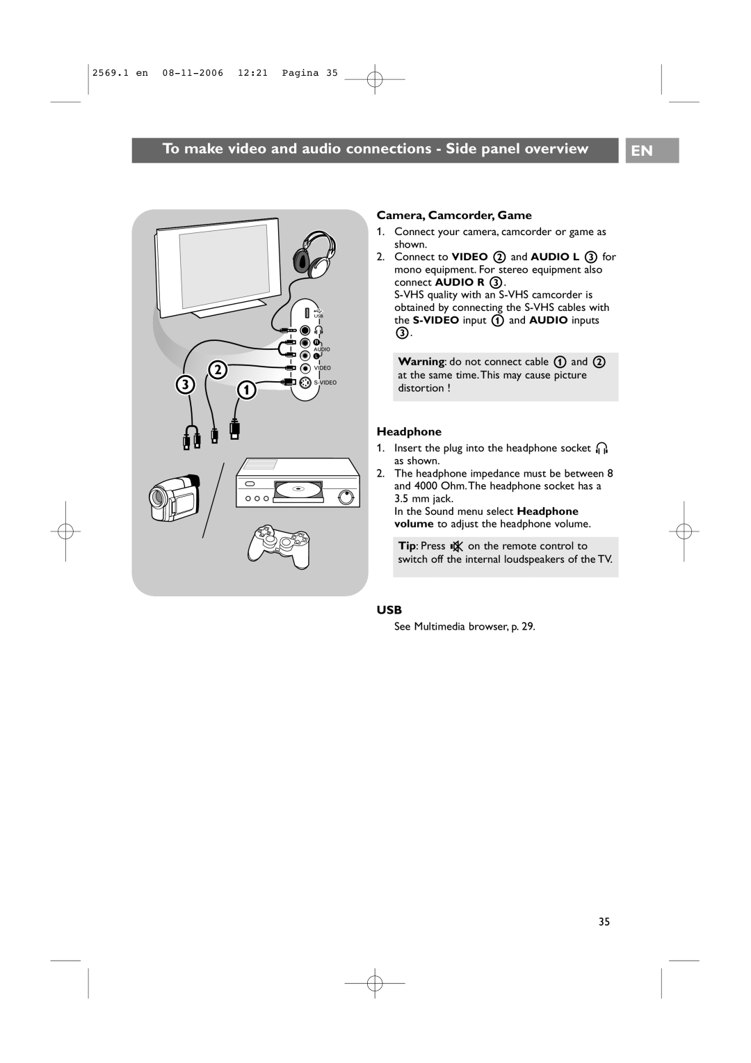 Philips 47PF9541/93 user manual To make video and audio connections Side panel overview, Camera, Camcorder, Game, Headphone 