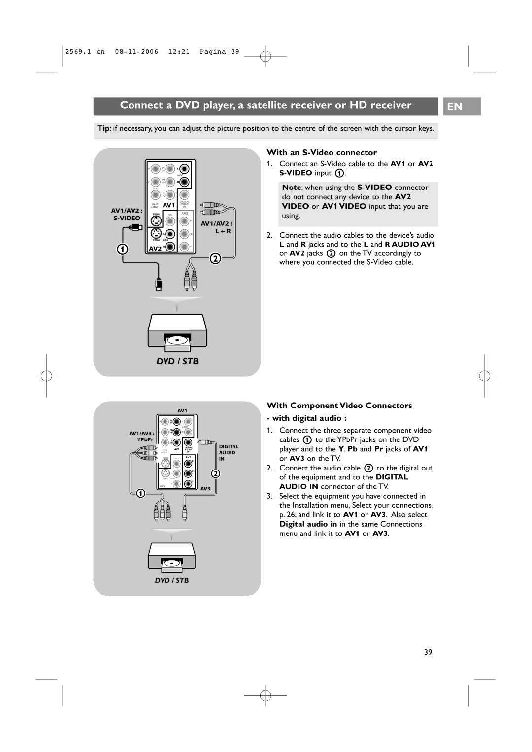 Philips 47PF9541/93 user manual Connect a DVD player, a satellite receiver or HD receiver, With an S-Video connector 