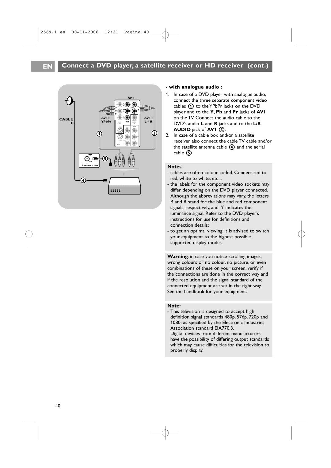 Philips 47PF9541/93 user manual EN Connect a DVD player, a satellite receiver or HD receiver, With analogue audio 