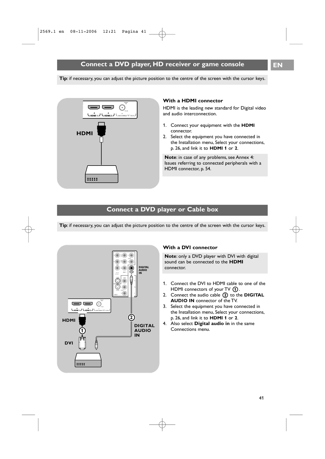 Philips 47PF9541/93 user manual Connect a DVD player, HD receiver or game console, Connect a DVD player or Cable box 