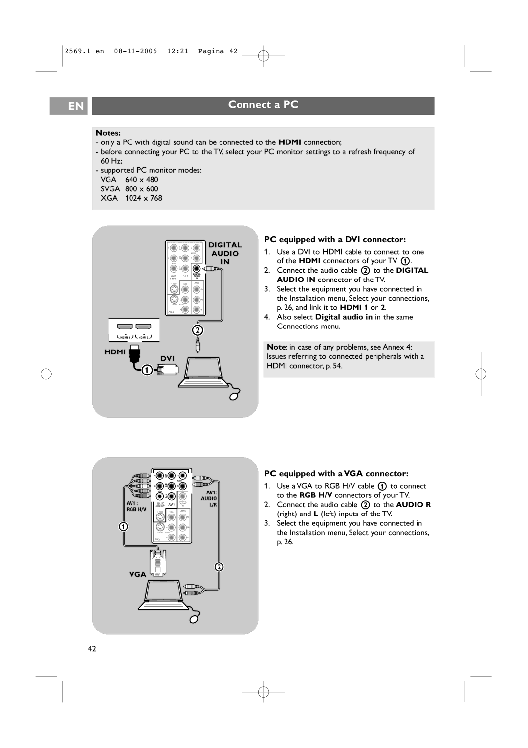 Philips 47PF9541/93 user manual Connect a PC, PC equipped with a DVI connector, PC equipped with a VGA connector 