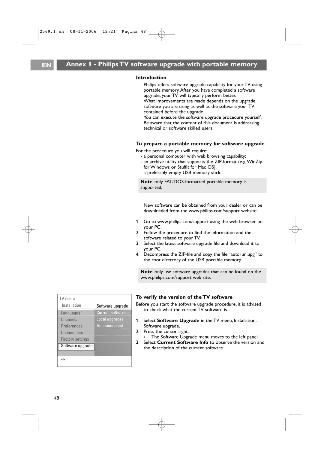 Philips 47PF9541/93 Annex 1 Philips TV software upgrade with portable memory, To verify the version of the TV software 