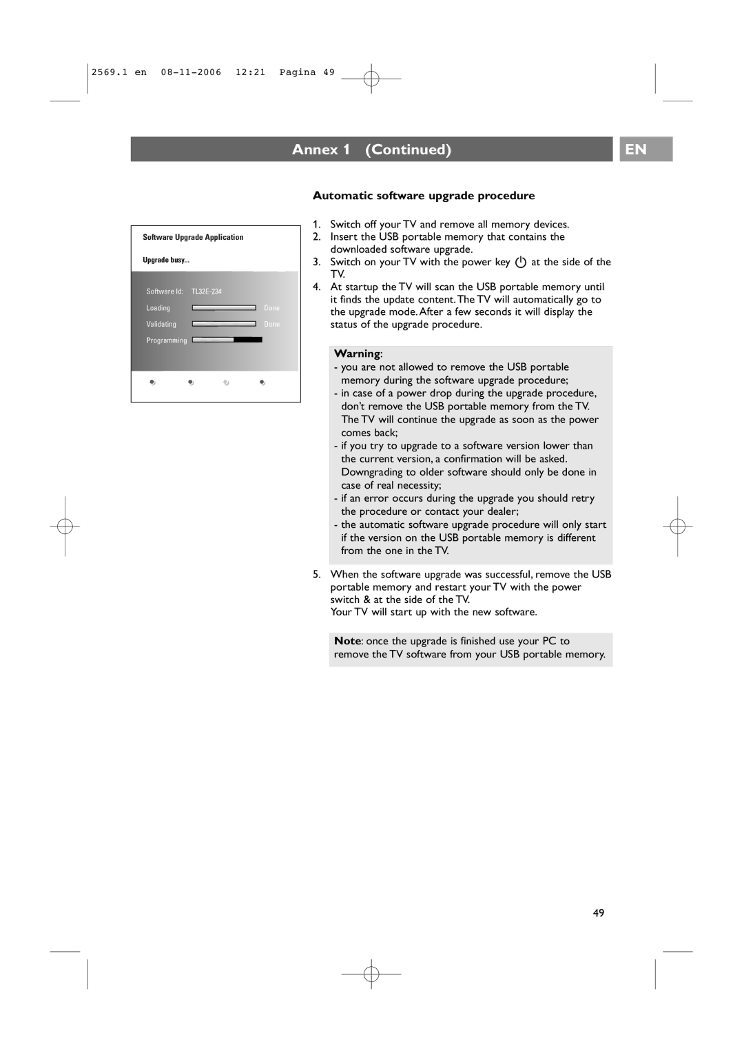 Philips 47PF9541/93 user manual Annex, Automatic software upgrade procedure 