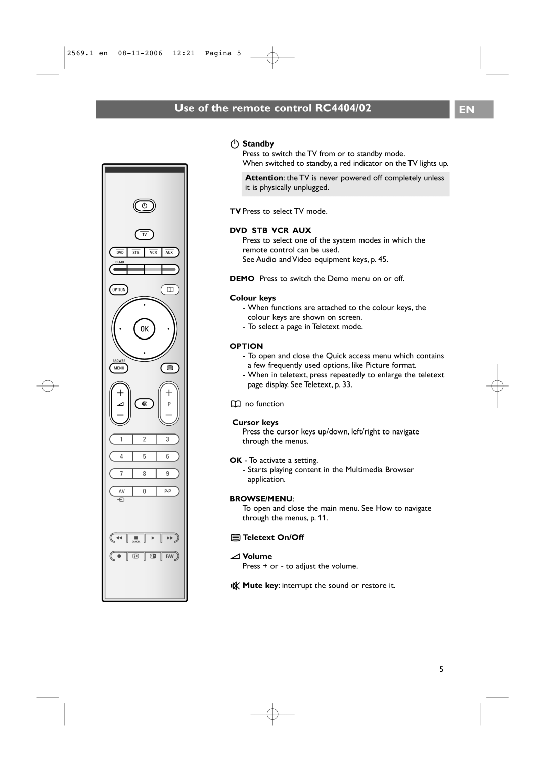 Philips 47PF9541/93 Use of the remote control RC4404/02, Standby, Colour keys, Cursor keys, Teletext On/Off Volume 