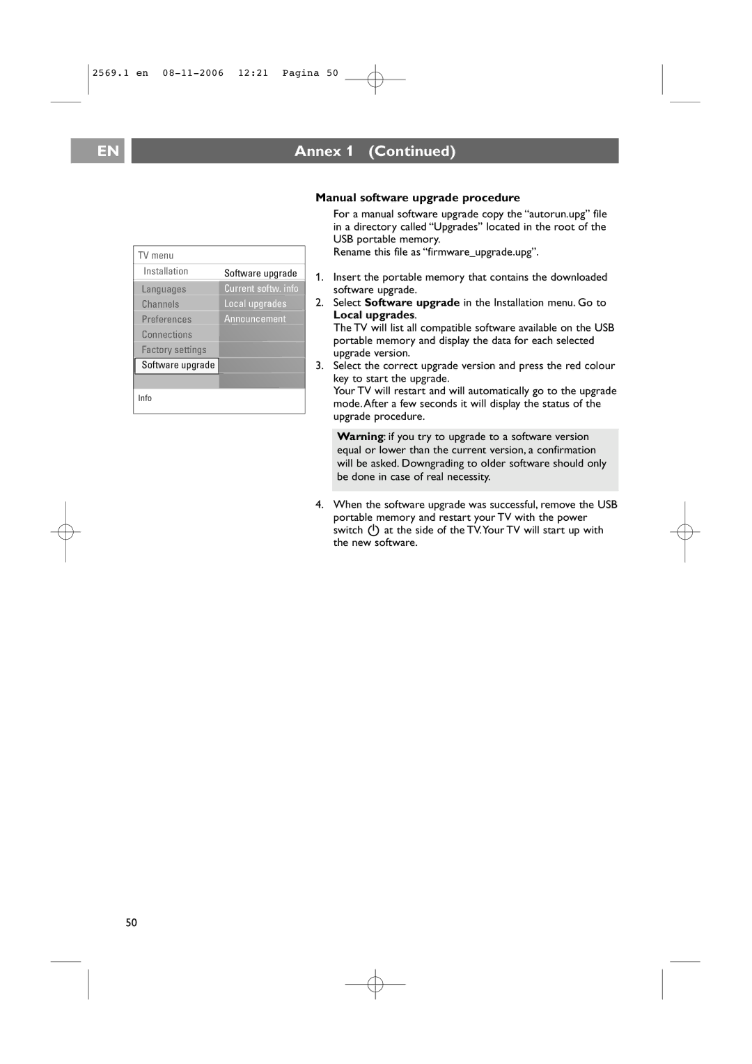 Philips 47PF9541/93 user manual Manual software upgrade procedure 