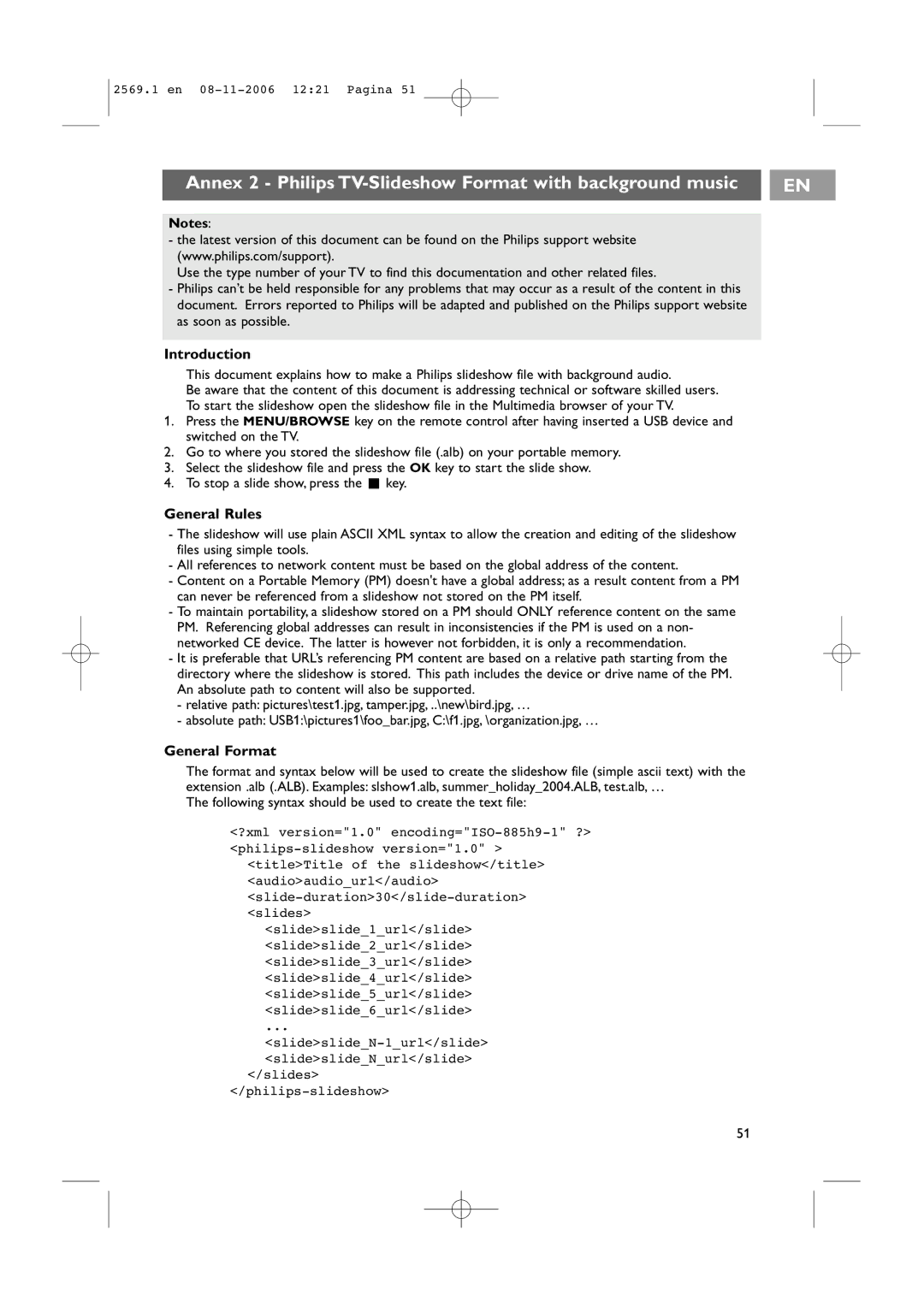 Philips 47PF9541/93 user manual Annex 2 Philips TV-Slideshow Format with background music, General Rules, General Format 