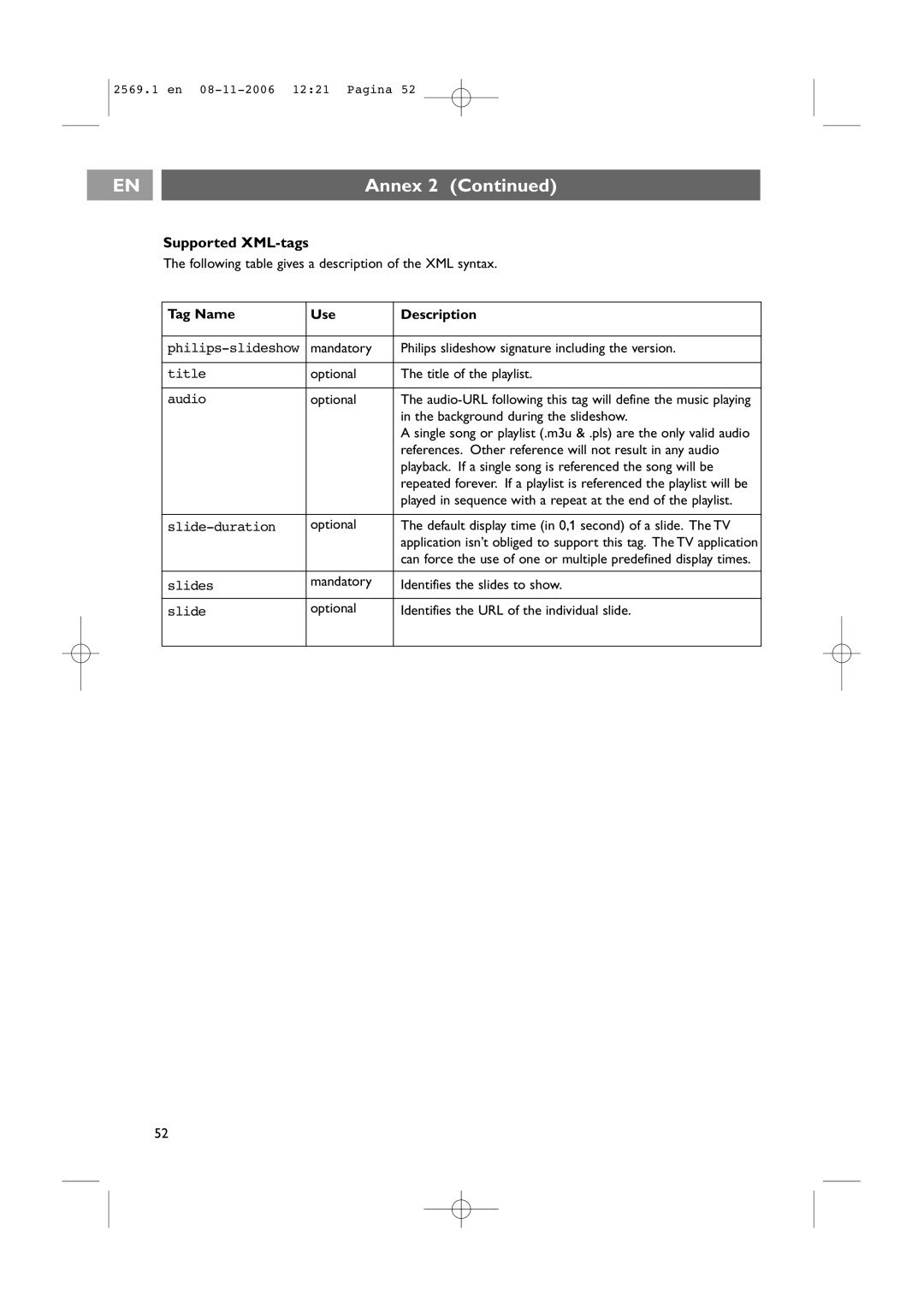 Philips 47PF9541/93 user manual Supported XML-tags, Tag Name Use Description 