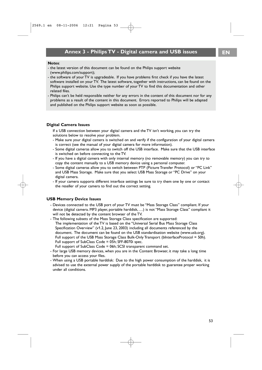 Philips 47PF9541/93 Annex 3 Philips TV Digital camera and USB issues, Digital Camera Issues, USB Memory Device Issues 