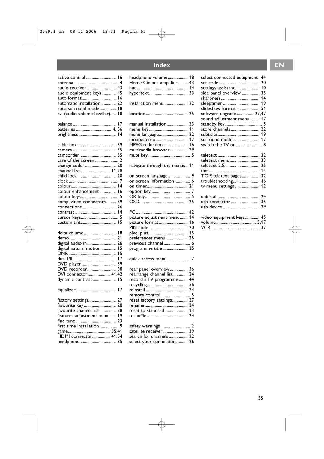 Philips 47PF9541/93 user manual Index, Colour enhancement 