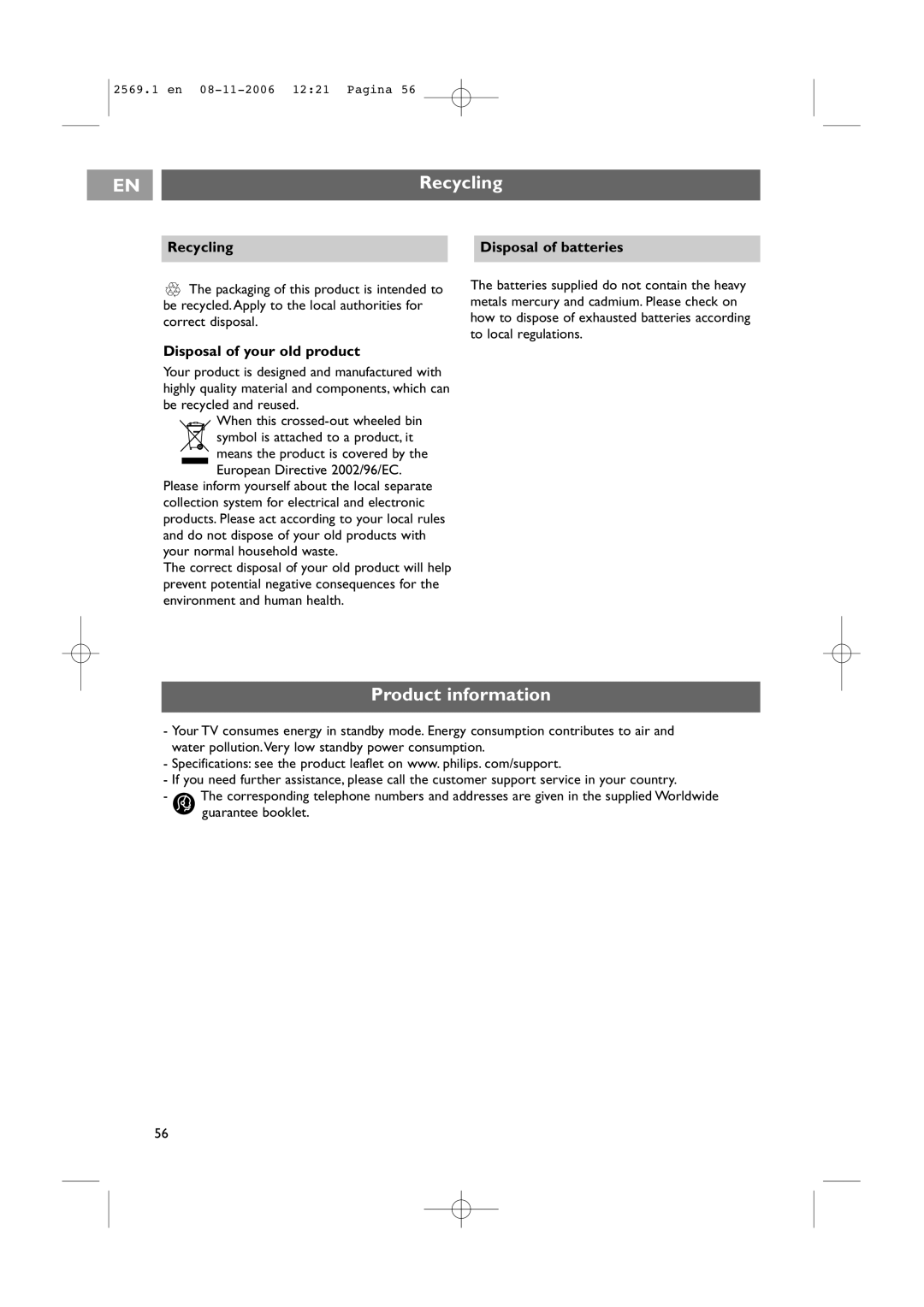 Philips 47PF9541/93 user manual Product information, Recycling Disposal of batteries, Disposal of your old product 