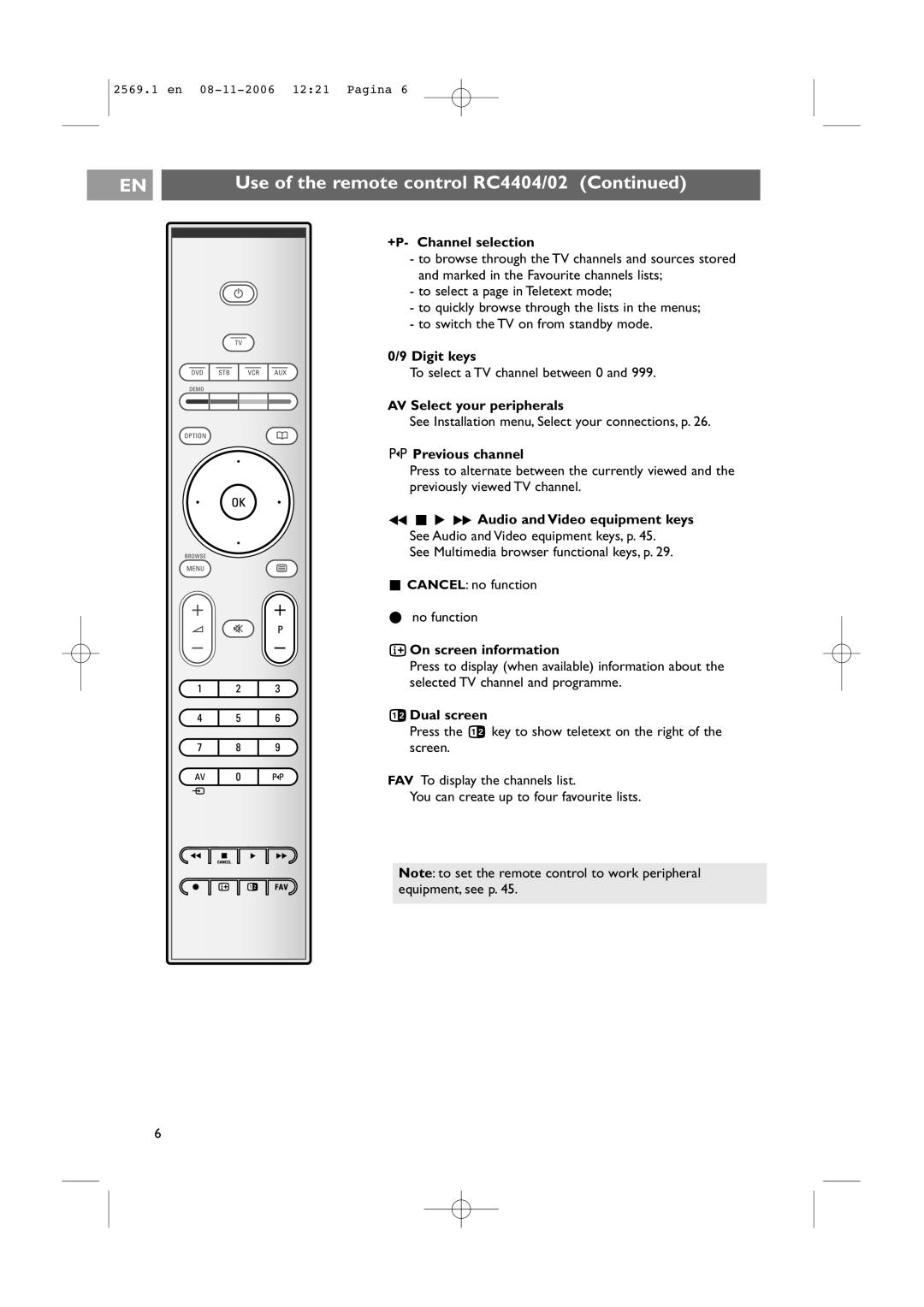 Philips 47PF9541/93 +P- Channel selection, Digit keys, AV Select your peripherals, Previous channel, On screen information 