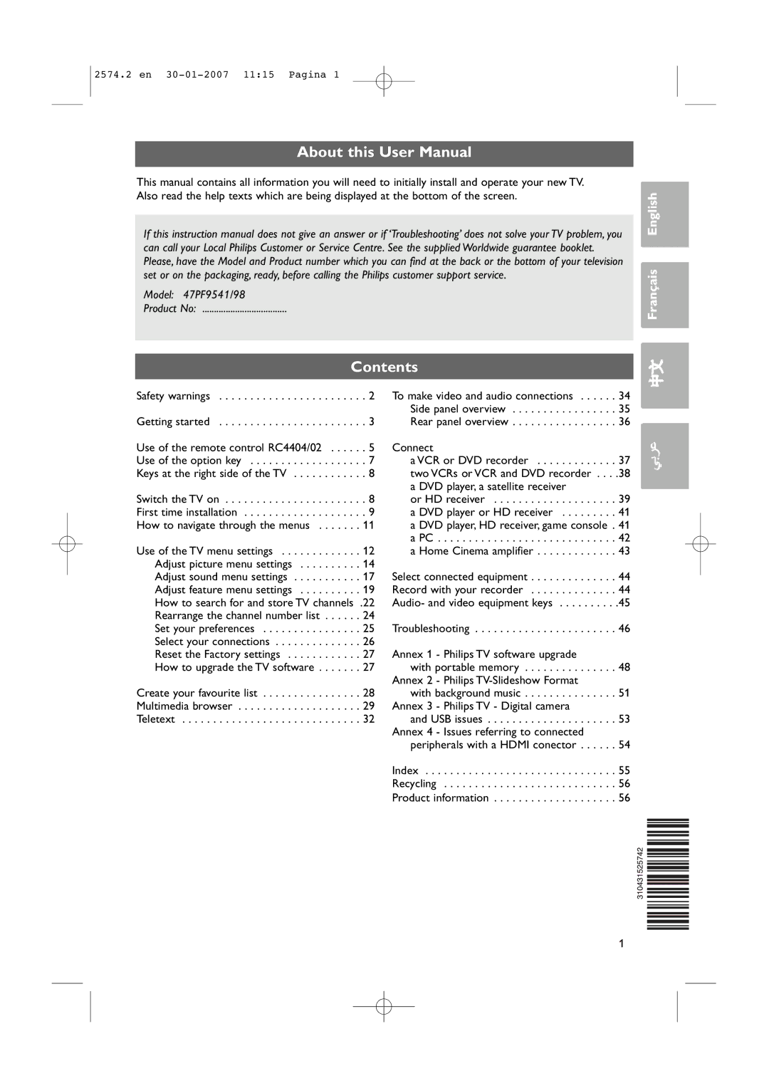 Philips 47PF9541/98 user manual Contents 