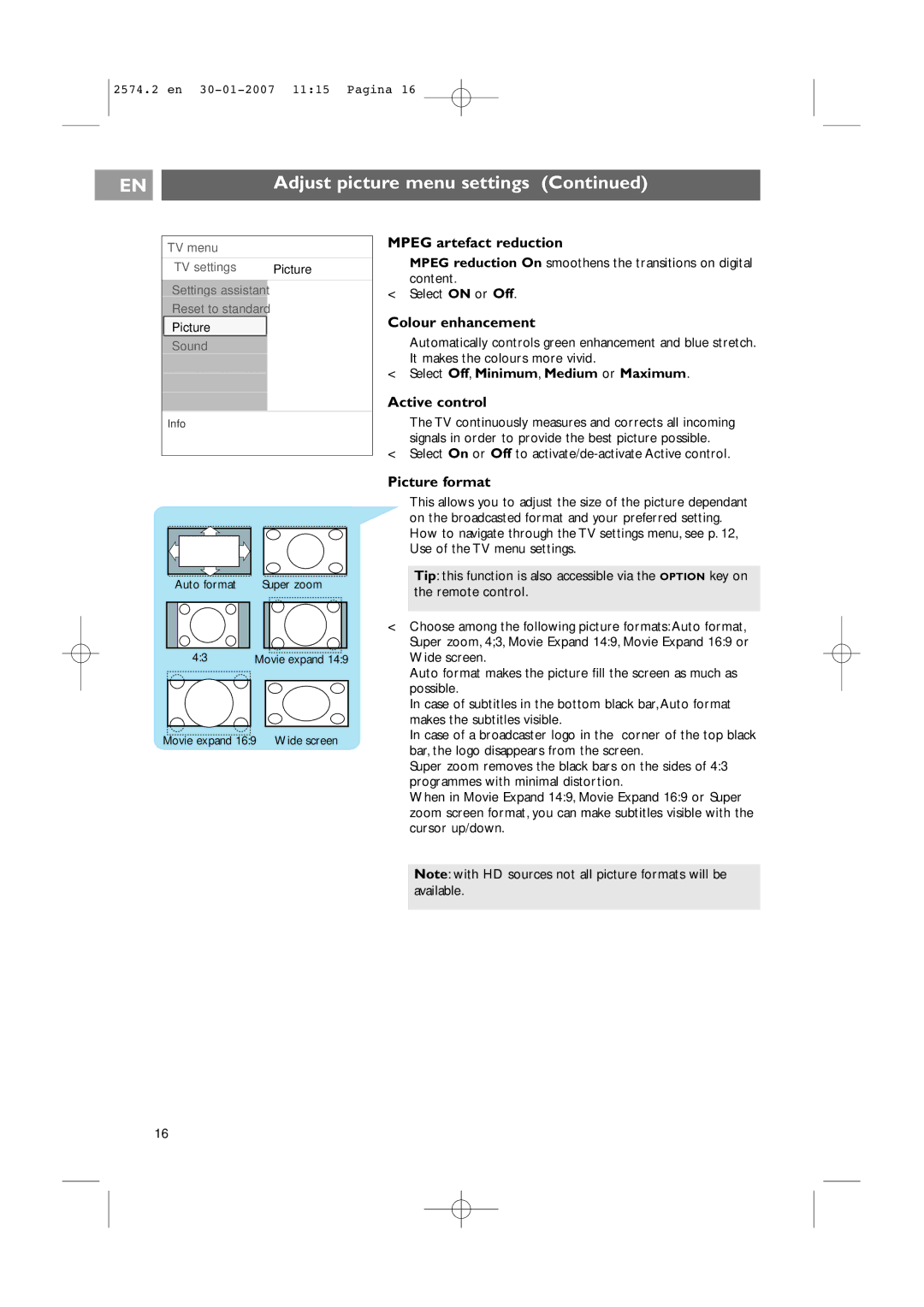 Philips 47PF9541/98 user manual Mpeg artefact reduction, Colour enhancement, Active control, Picture format 