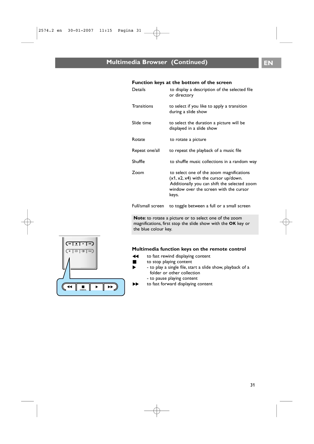 Philips 47PF9541/98 Function keys at the bottom of the screen, Multimedia function keys on the remote control, Details 