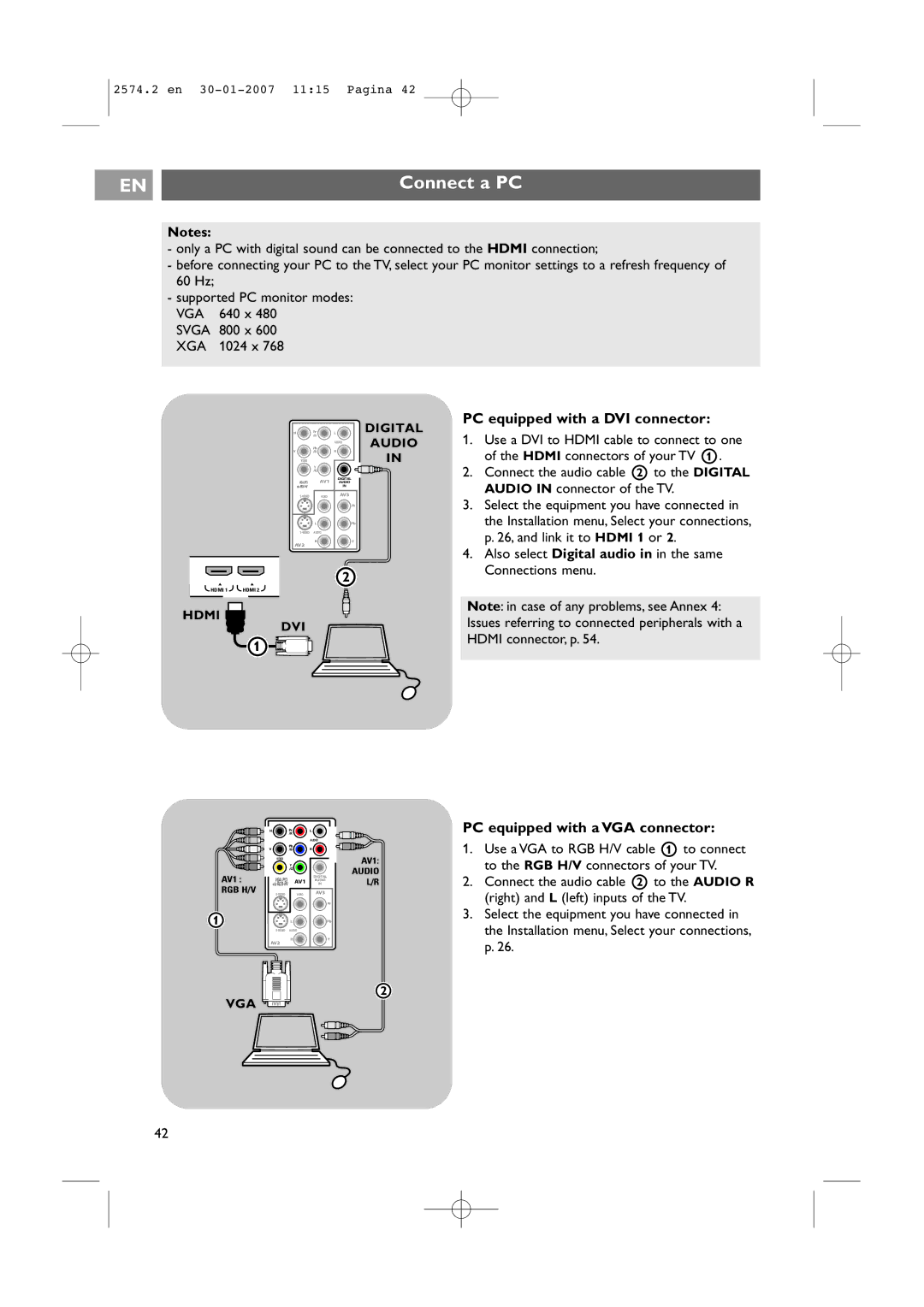 Philips 47PF9541/98 user manual Connect a PC, PC equipped with a DVI connector, PC equipped with a VGA connector 