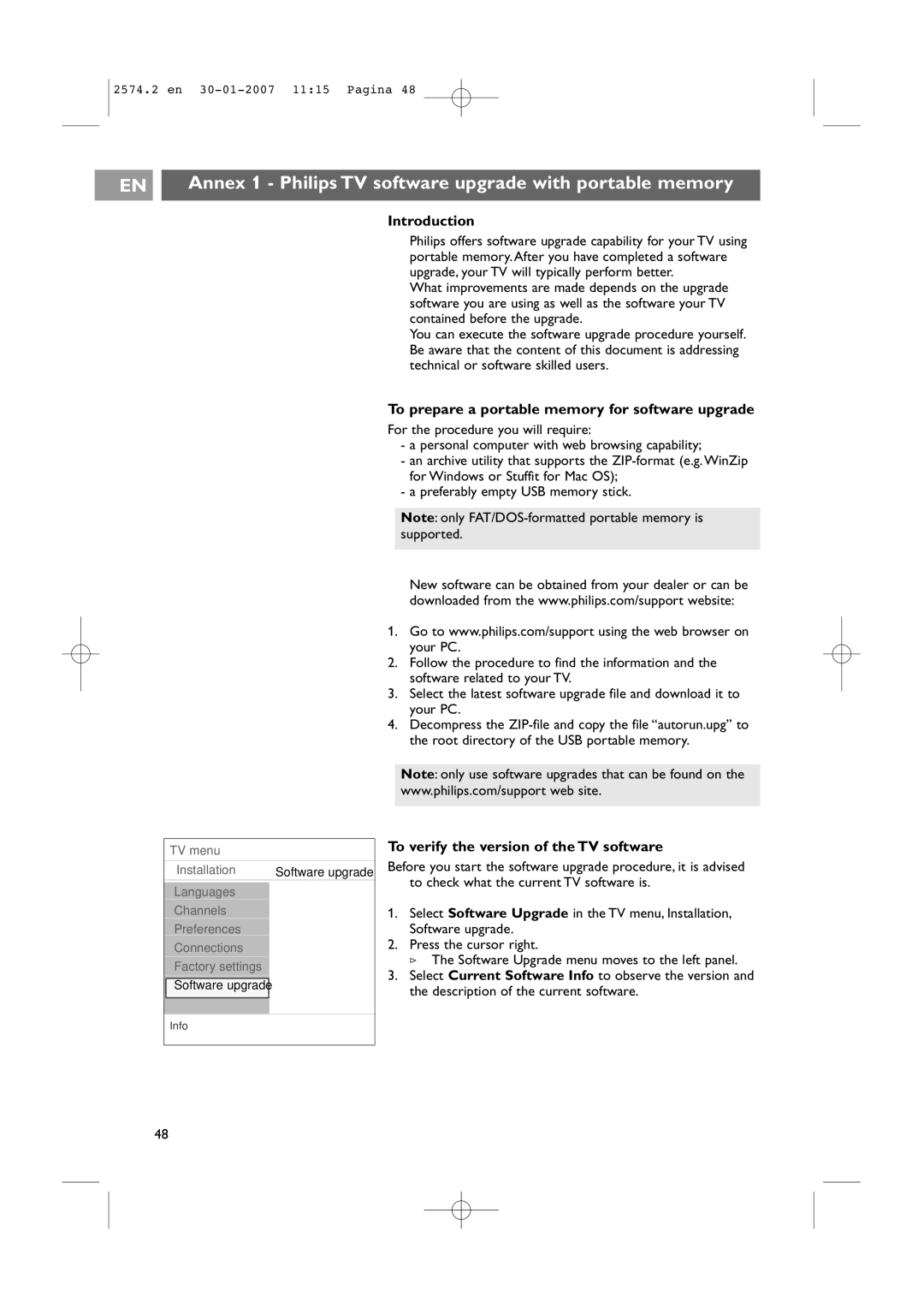 Philips 47PF9541/98 Annex 1 Philips TV software upgrade with portable memory, To verify the version of the TV software 